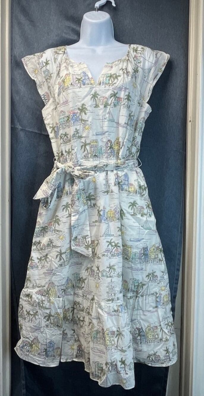 Talbots Womens 8 Petite 100% Cotton Scenic Curacao Ruffle fit/fit flare dress